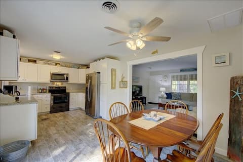 The kitchen flows nicely into the living room.